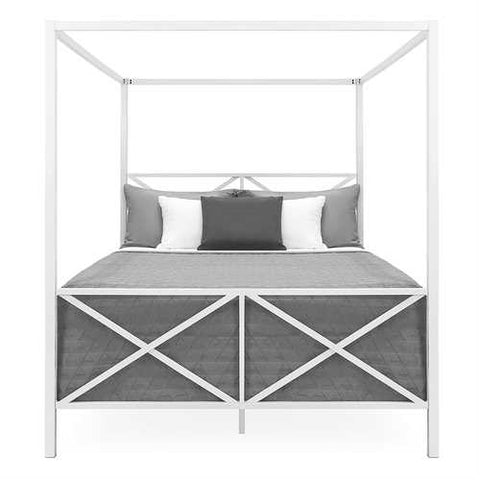 Image of Queen size Modern Canopy Bed Frame in White Metal Finish