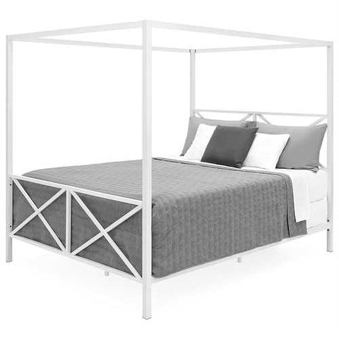 Image of Queen size Modern Canopy Bed Frame in White Metal Finish