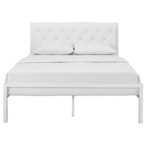 Image of Queen size Modern White Metal Platform Bed with Upholstered Headboard