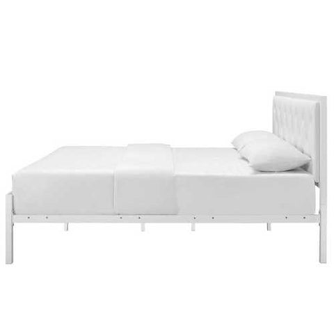 Image of Queen size Modern White Metal Platform Bed with Upholstered Headboard