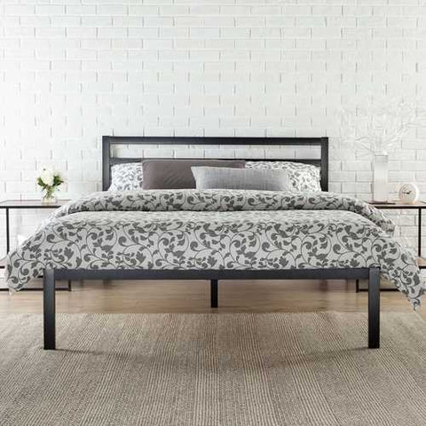 Image of Queen Metal Platform Bed Frame with Headboard and Wood Slats