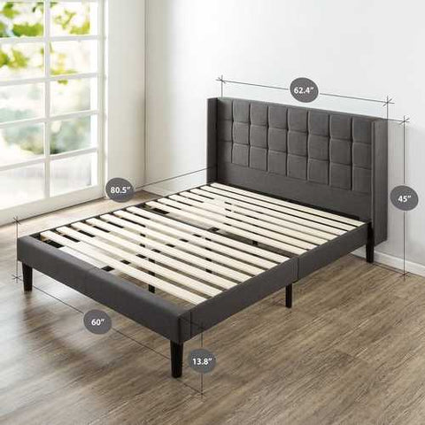 Image of Queen size Grey Wingback Upholstered Platform Bed