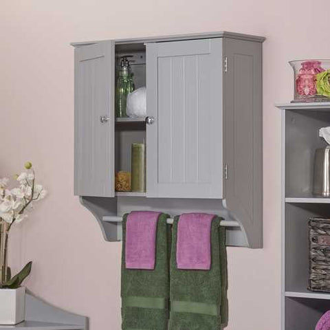 Image of Gray 2-Door Bathroom Wall Cabinet with Towel Bar