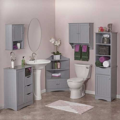 Image of Gray 2-Door Bathroom Wall Cabinet with Towel Bar