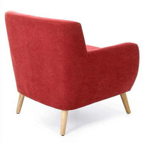 Image of Red Linen Upholstered Armchair with Mid-Century Modern Classic Style Wood Legs