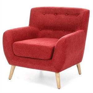 Red Linen Upholstered Armchair with Mid-Century Modern Classic Style Wood Legs