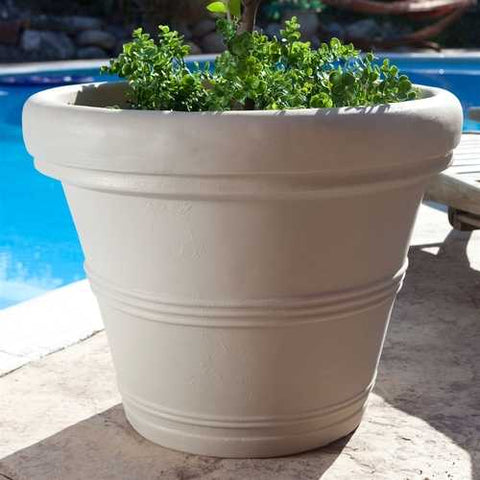 Image of Round 26-inch Outdoor Patio Planter for Garden Plants or Small Tree in Weathered Concrete