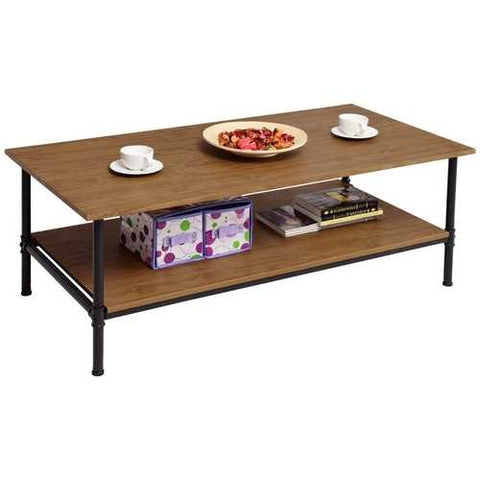 Image of Simple Metal Wood Coffee Table with Bottom Storage Shelf