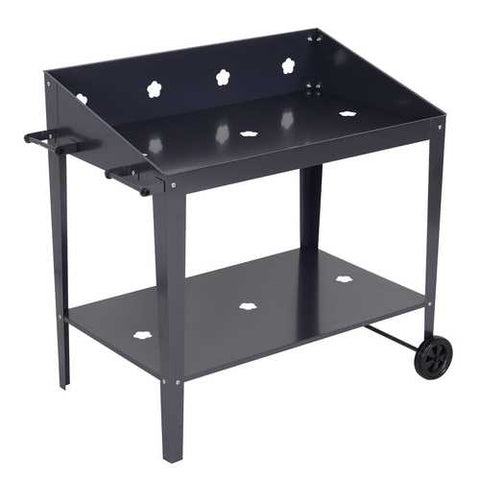 Image of Black Metal Garden Potting Bench with Wheels