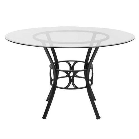 Image of Round 48-inch Clear Glass Dining Table with Black Metal Frame