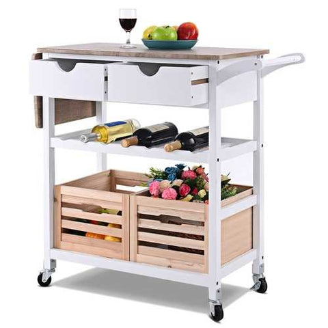 Image of White Wood Kitchen Island Cart with Wine Rack and Wheels