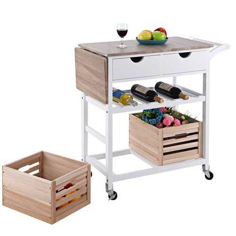 Image of White Wood Kitchen Island Cart with Wine Rack and Wheels