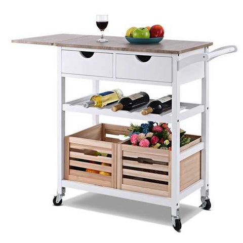 Image of White Wood Kitchen Island Cart with Wine Rack and Wheels