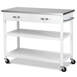 White Wood Modern Kitchen Island Cart with Stainless Steel Top