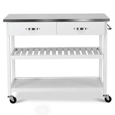 Image of White Wood Modern Kitchen Island Cart with Stainless Steel Top