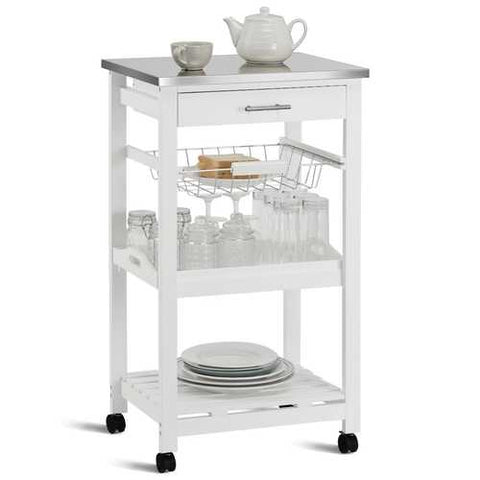 Image of White Kitchen Cart with Storage Drawer and Stainless Steel Top