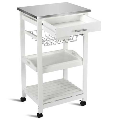 Image of White Kitchen Cart with Storage Drawer and Stainless Steel Top