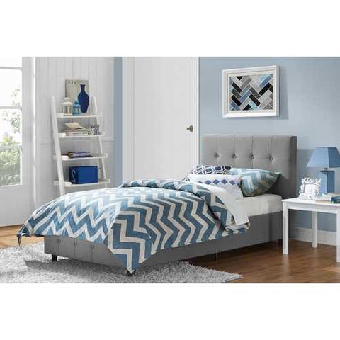 Image of Twin size Grey Upholstered Platform Bed Frame with Button-Tufted Headboard