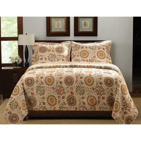 Image of Full / Queen Retro Moon Shaped Floral Medallion Reversible 3 Piece Quilt Set