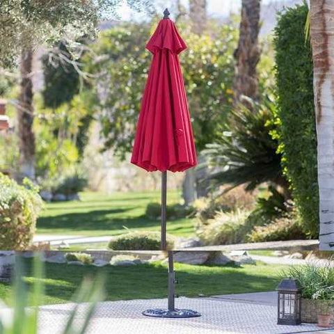 Image of Red 7.5 Ft Patio Umbrella with Dark Mahogany Stained Pole