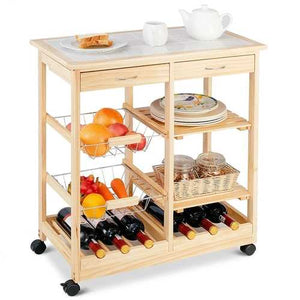 Mobile Wooden Kitchen Cart with Storage Drawers and Wine Rack