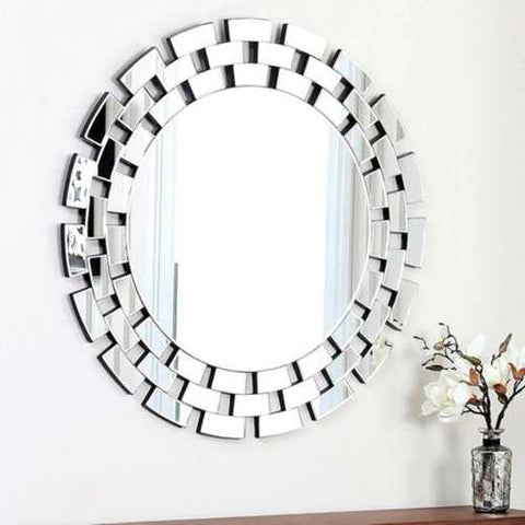 Image of Modern 35.5 inch Round Wall Mirror with Tiered Glass Brick Border