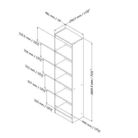 Image of Modern Narrow Bookcase with 5-Shelves in Morgan Cherry Finish