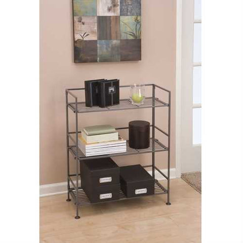 Image of 3-Shelf Iron Rectangular Folding Metal Bookcase Storage Shelves