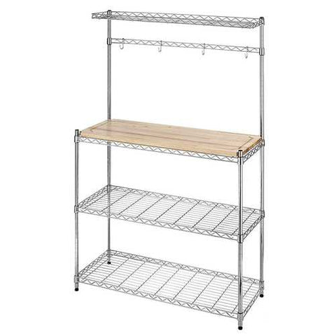 Image of Modern Bakers Rack in Chrome with Removable Wood Cutting Board