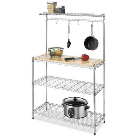 Image of Modern Bakers Rack in Chrome with Removable Wood Cutting Board