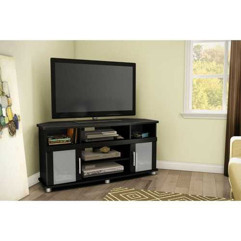 Image of Black Corner TV Stand with Frosted Glass Doors