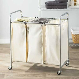 Commercial-Grade Steel Frame 3-Bag Laundry Hamper Cart