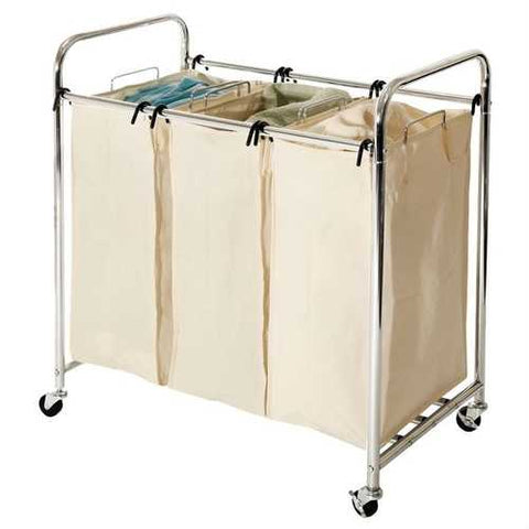 Image of Commercial-Grade Steel Frame 3-Bag Laundry Hamper Cart