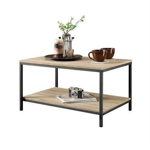 Image of Black Metal Frame Coffee Table with Oak Finish Wood Top and Shelf