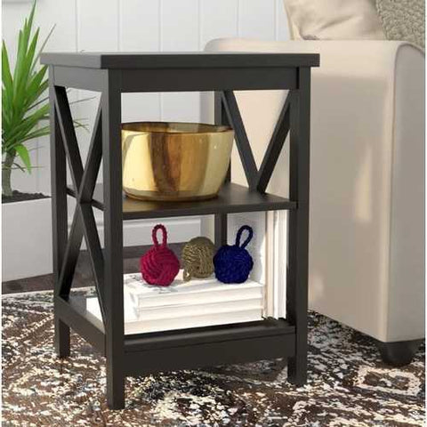 Image of Black Wood X-Design End Table Nightstand with 3 Open Shelves