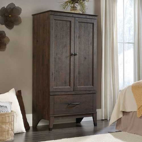 Image of Bedroom Storage Armoire Wardrobe Cabinet in Dark Brown Oak Finish