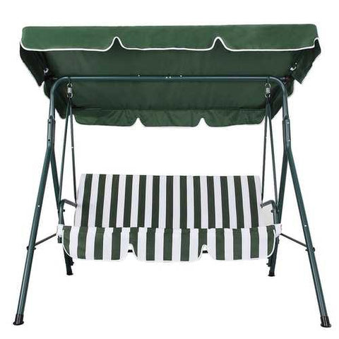 Image of Outdoor Patio Porch Deck Steel Frame 3-Seat Canopy Swing Hammock in Green and White