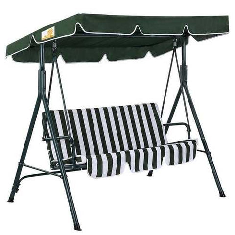 Image of Outdoor Patio Porch Deck Steel Frame 3-Seat Canopy Swing Hammock in Green and White