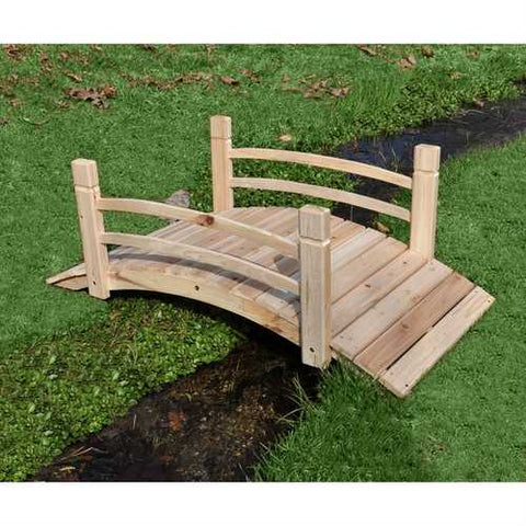 Image of 5-Ft Cedar Wood Garden Bridge with Railings in Natural Finish