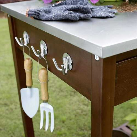 Image of Outdoor Solid Wood Potting Bench Work Table with Galvanized Metal Top