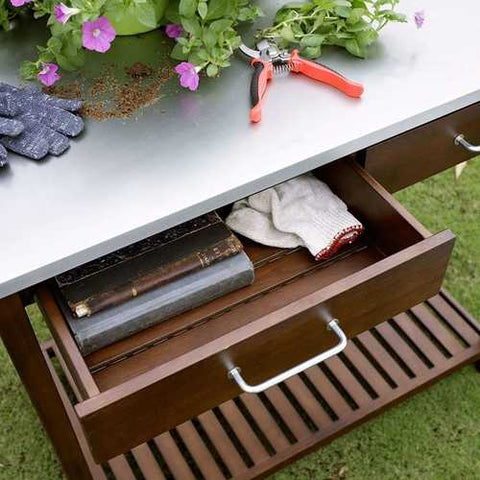 Image of Outdoor Solid Wood Potting Bench Work Table with Galvanized Metal Top