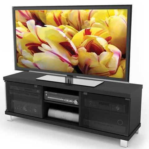 Image of Modern Black TV Stand with Glass Doors - Fits up to 68-inch TV