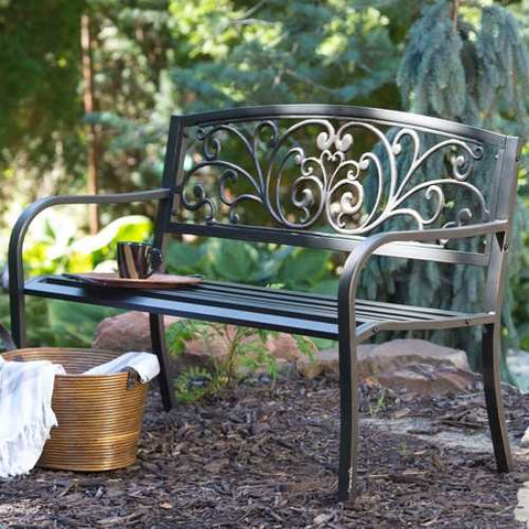 Image of Curved Metal Garden Bench with Heart Pattern in Black Antique Bronze Finish