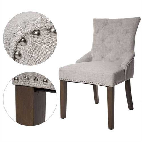 Image of Set of 2 - Traditional Grey Linen Fabric Upholstered Dinging Chair with Nailhead Trim