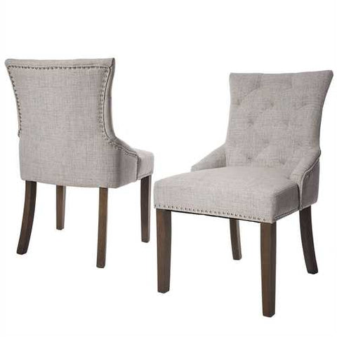 Image of Set of 2 - Traditional Grey Linen Fabric Upholstered Dinging Chair with Nailhead Trim