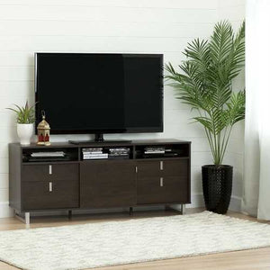 Contemporary TV Stand in Brown Oak Finish and Satin Nickel Metal Legs