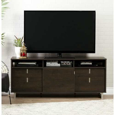 Image of Contemporary TV Stand in Brown Oak Finish and Satin Nickel Metal Legs