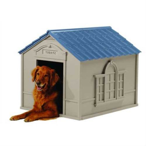 Image of Outdoor Dog House in Taupe and Blue Roof Durable Resin - For Dogs up to 100 lbs