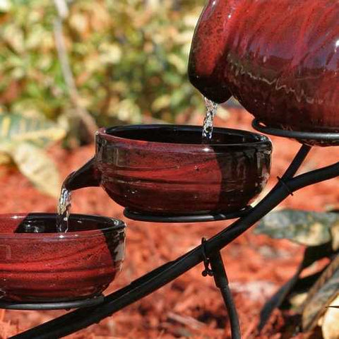 Image of Red Ceramic 5-Tier Hand Painted Outdoor Bird Bath Fountain with Solar Pump