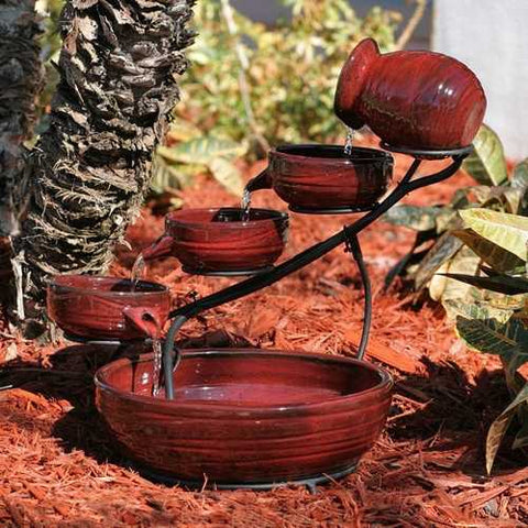 Image of Red Ceramic 5-Tier Hand Painted Outdoor Bird Bath Fountain with Solar Pump